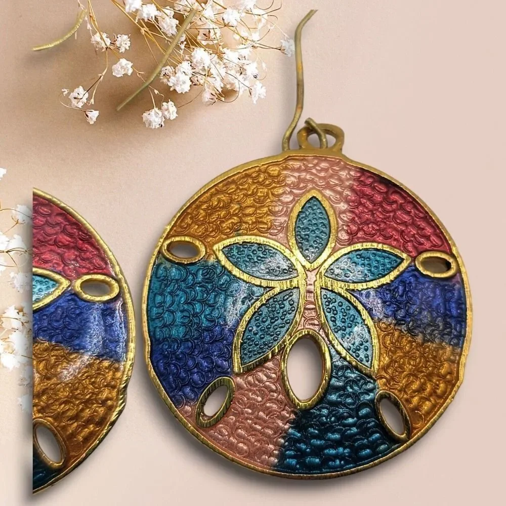 Vintage Cloisonne Hand Painted Enamel Brass Earrings Pierced Dangle Sand Dollars
